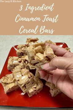 three ingredient cinnamon toast cereal bars on a red plate with text overlay that reads 3 ingredient cinnamon toast cereal bars