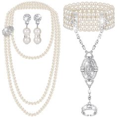 PRICES MAY VARY. 1920S Pearl Jewelry Set: the package comes with 1 pair of roaring 20s earrings, 1 piece of flapper bracelet and 1 piece of flapper pearl necklace, the good combination can make a bright addition to your overall outfit and make you look delicate Size Details: the 1920s pearl necklace is approx. 59 inches in length, the inner circle of the pearl bracelet is about 8 inches and flexible, earrings length is about 2.36 inches, obvious dangle can bring out your temperament Reliable Mat Classic Adjustable Jewelry For Party, Adjustable Silver Jewelry For Vintage Events, Victorian White Jewelry For Parties, Silver Gatsby Jewelry For Vintage Events, Gold Gatsby Style Jewelry Gift, 20s Earrings, Roaring 20s Earrings, Art Themed Party, Pearl Jewelry Set