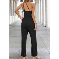 Black One-shoulder Double Straps Pocket Jumpsuit One Shoulder Solid Jumpsuit For Date Night, Black One-shoulder Jumpsuit For Date Night, One Shoulder Solid Jumpsuits And Rompers For Date Night, Solid One-shoulder Jumpsuits And Rompers For Date Night, One-shoulder Solid Jumpsuits And Rompers For Date Night, Black Off-shoulder Jumpsuits And Rompers For Spring, Chic One-shoulder Jumpsuit In Solid Color, Black Strapless Jumpsuit For Summer Evenings, One-shoulder Jumpsuits For Summer Outings