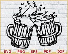 two mugs of beer with splashing water on them, and the words svg eps