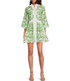 Mestiza New York Carmen Floral Print Mandarin Collar 3/4 Full Sleeve Mini A-Line Dress | Dillard's Green Linen Floral Print Dress, Green Floral Print Linen Dress, Floral Print Linen A-line Dress, Casual Wedding Guest Dresses, Mini A, Contemporary Dresses, Daytime Dresses, Line Dress, Printed Linen