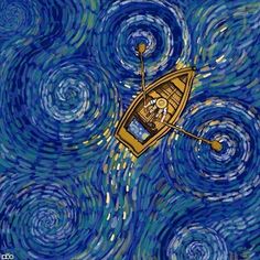 a painting of a boat floating in the middle of a blue sky with swirls