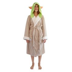 "This Is The Way: Travel across the galaxy wearing this Star Wars: The Mandalorian Grogu Women's Bathrobe. This luxury spa robe combines fandom and comfort, with The Child-inspired design and soft fiber making it the ultimate cozy loungewear for home. Mando Approved: Fashioned after Grogu's signature robe look, this housecoat captures the adorable style of The Child. Features a loose hood with ears and embroidered face, two pockets with embroidered frogs, and fluffy white cuffs and front opening Cozy Bathrobe, Womens Bathrobes, Adorable Style, Plush Robe, Hooded Robe, Embroidered Face, Star Wars Christmas, Star Wars The Mandalorian, Cozy Loungewear