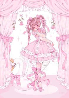 a drawing of a girl with pink hair and dress standing in front of a curtain