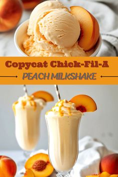 two scoops of peach milkshake with ice cream and sliced peaches in the background