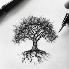 an ink drawing of a tree with its roots sprouting from it's trunk