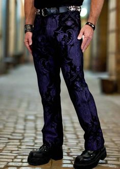 Shrine of Hollywood TAPESTRY PANTS - PURPLE/BLACK Pants Purple And Black Outfit Aesthetic Men, Purple Grunge Outfits Men, Fitted Purple Bottoms With Belt Loops, Purple Pants For Men, Elegant Purple Straight Leg Bottoms, Purple Goth Outfits Men, Mens Gothic Clothing Pants, Goth Outfits Men, Purple Goth