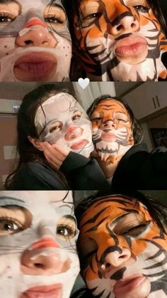 two girls with their faces painted to look like tigers, and one girl has her face painted as a tiger