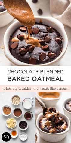 chocolate baked baked oatmeal in a white bowl with spoons and ingredients