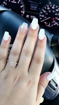 Homecoming Acrylic Nails, Simple White Nails, Acrylic Nails Gold, White Sparkly Nails, Ombré Acrylic, Dance Nails, Hoco Nails, White Gel Nails, Shape Nails