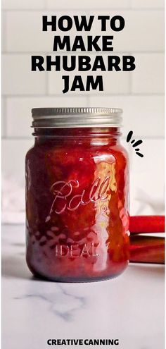 a jar filled with jam sitting on top of a counter