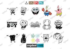 some cartoon character stickers on a white background with the words happy birthday and an image of