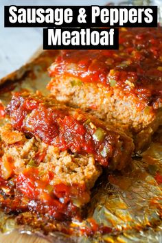 meatloaf with marinara sauce is cut into slices on a piece of tin foil