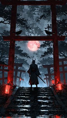 a person standing on steps in front of a red gate with the moon behind them