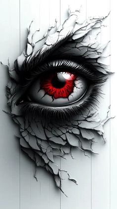 an eye with red eyes is shown through the cracks in this wallpapered image