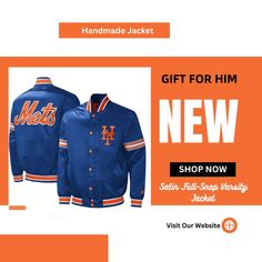 Men's Royal New York Mets Midfield Satin Full-Snap Varsity Jacket ,Baseball Warm varsity Jacket, size XS to 6XL Imported Lightweight jacket suitable for mild temperatures Embroidered fabric applique Locker loop One interior pocket One interior zippered pocket Ribbed collar, cuffs and waistband with woven stripes Satin finish Sewn-on sleeve stripes Stand-up collar Two front pockets Long sleeves Material: 100% Polyester Full Snap Varsity Windbreaker With Baseball Collar For Sports, Fall Sports Windbreaker With Baseball Collar, Sports Windbreaker With Baseball Collar For Fall, Long Sleeve Outerwear For Baseball Game Day, Fall Track Jacket With Baseball Collar For Sports Events, Varsity Windbreaker With Baseball Collar, Navy Varsity Outerwear With Baseball Collar, Varsity Jacket With Embroidered Graphics And Baseball Collar, Satin Baseball Jacket