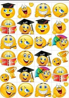 many smiley faces with graduation caps and diplomas on their heads, all in different expressions