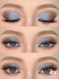 Simple Colour Eyeshadow, Formal Makeup For Blue Dress, Makeup For Light Blue Dress, Light Blue Prom Makeup, Sky Blue Makeup, Sliver Makeup, Maternity Hair, Baby Blue Eyeshadow