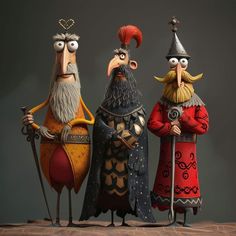 three cartoon characters standing next to each other