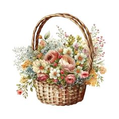 a basket filled with lots of flowers on top of a white background