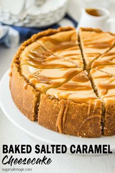 a baked salted caramel cheesecake on a white plate