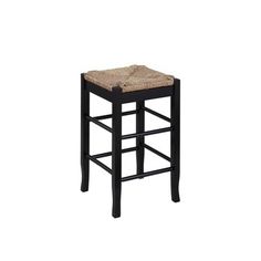 a black stool with a woven seat cushion