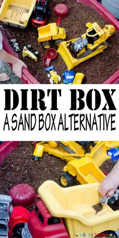 two children playing with toys in dirt box and text overlay that reads diy box a sand box alternative