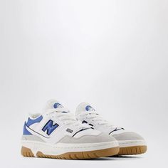 White and blue leather low top trainer from New Balance featuring lace-up fastening, N on side, rounded toe, padded tongue and rubber sole..Nylon Low-top Blue Custom New Balance Sneakers, Blue White New Balance, Light Blue Low-top Sneakers For Streetwear, New Balance Blue Skate Shoes For Streetwear, Blue New Balance Low-top Walking Shoes, Blue Trainers, New Balance Sneakers, Mens Sportswear, Blue Leather