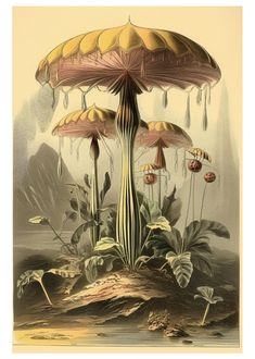 an illustration of a mushroom like plant with drops of water hanging from it's top