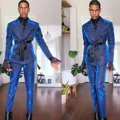 Formal Blue Single-breasted Pantsuit, Blue Single-breasted Formal Pantsuit, Royal Blue Fitted Suits For Work, Fitted Blue Suits For Semi-formal Occasions, Fitted Tuxedo Pantsuit With Suit Collar, Blue Fitted Suits For Semi-formal Occasions, Tailored Royal Blue Party Sets, Royal Blue Tailored Party Sets, Blue Fitted Semi-formal Suits