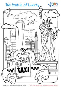 the statue of liberty and taxi cab in new york city coloring book for kids,