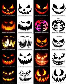 halloween pumpkins with scary faces and fangs in different shapes, sizes and colors on black background