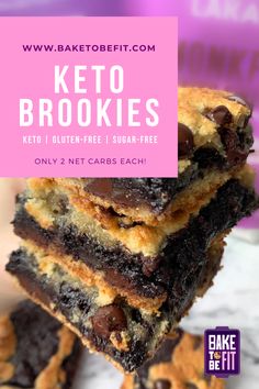 chocolate chip cookie bars stacked on top of each other with the text keto cookies