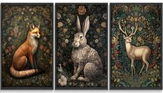 three paintings of animals and flowers on a wall