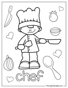 a chef coloring page with the word chef on it and an image of a cartoon character holding