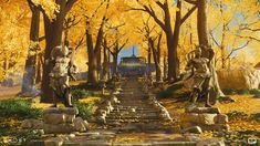 a painting of a park with statues and trees in the fall colors, including yellow leaves