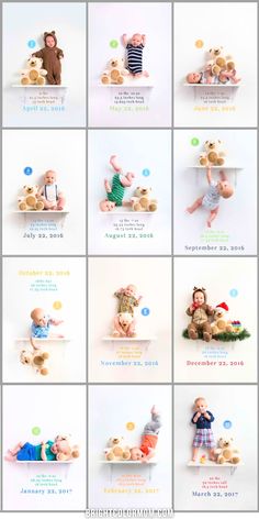 A collage of photos shows a baby's growth from birth to 12 months, each using a wall shelf to make it look like the baby is on the wall. Photography Concept, Monthly Baby Pictures, Photography Tricks, Milestone Pictures, Monthly Baby, Newborn Baby Photos, Do Baby, Baby Growth