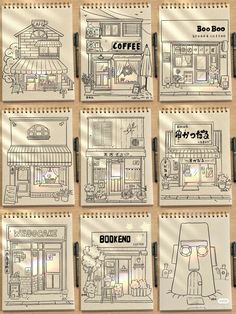 the front and back pages of a notebook with drawings of coffee shopfronts on them