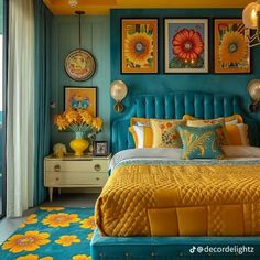 Teal And Yellow Bedroom, 70 Bedroom, Teal Bed, Turquoise Bedroom, Teal Rooms, Inspiring Lifestyle, Bedroom Turquoise, Colorful Room, Ideal Bedroom