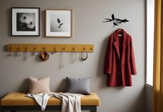 the coat rack is hanging on the wall next to the bench with two pictures above it