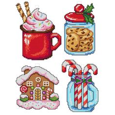 four cross stitch designs with different items in the same pattern, including cookies and candy canes