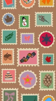 an image of some stamps with different designs on them, including leaves and snowmen