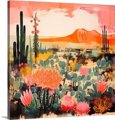 an abstract painting with cactuses and mountains in the background