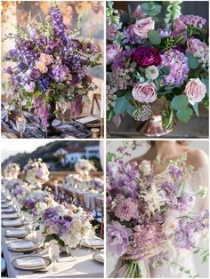 four different pictures of purple flowers and greenery in vases on the table at a wedding reception