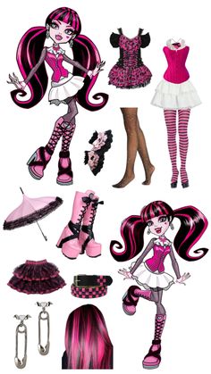 an assortment of pink and black dolls with different outfits