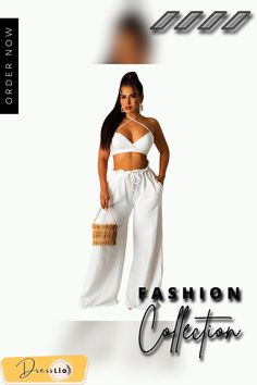 Fashion Women Clothing Solid Sleeveless Halter Crop Tops Wide Leg Pants Summer Two Piece Sets Summer Vacation Pants In Solid Color, Solid Color Summer Vacation Pants, Summer Vacation Solid Color Pants, Chic Solid Color Pants For Beach, Chic Solid Color Beach Pants, Wide Leg Pants Summer, Summer Two Piece, Pants Summer, Halter Crop Top