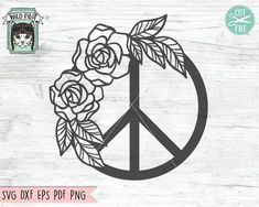 a peace sign with roses and leaves in the center on a white wooden background, cut file