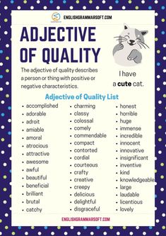 Adjective of Quality List Adjective Of Quantity Worksheet, Adjective Of Quality, Adjectives For Kids, Adjectives Grammar, Essay Words, Commonly Misspelled Words, List Of Adjectives, Adjective Words