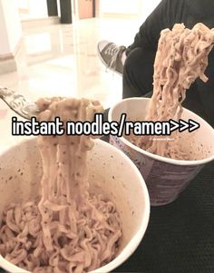 two bowls filled with noodles and one has the words instant noodles / ramen > >