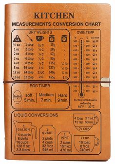 a brown leather notebook with measurements and instructions on the front, in black lettering that reads kitchen